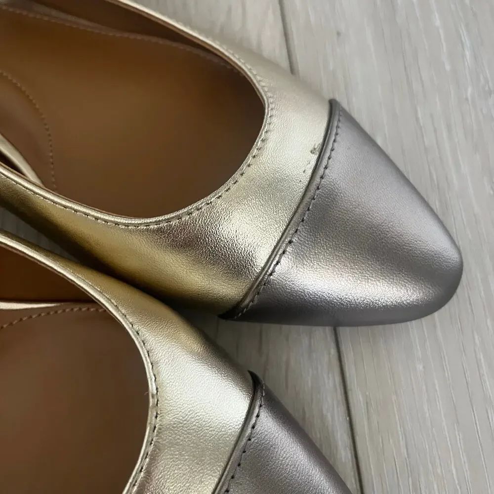 Talbots 'Edison' Womens 9M Metallic Slingback Cap Toe Flat Gold Shoe